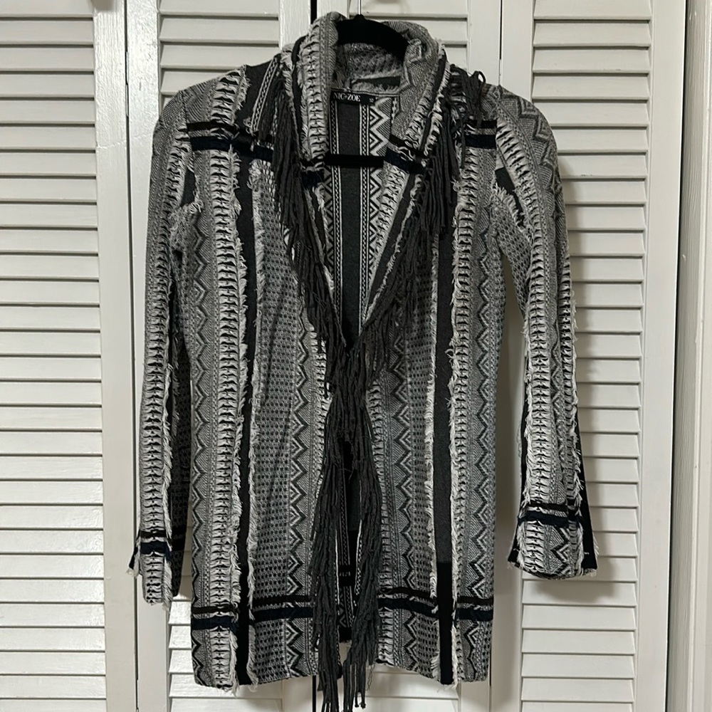 Nic + Zoe Open Cardigan Tribal/Western Inspired Fringe Border - Size XS